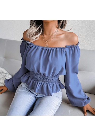 İlkbahar Ve Sonbahar Kadın Bluz Uzun Kollu Seksi Tek Boyun Straplez Hem Fırfır Şifon Bluz Tops Mavi