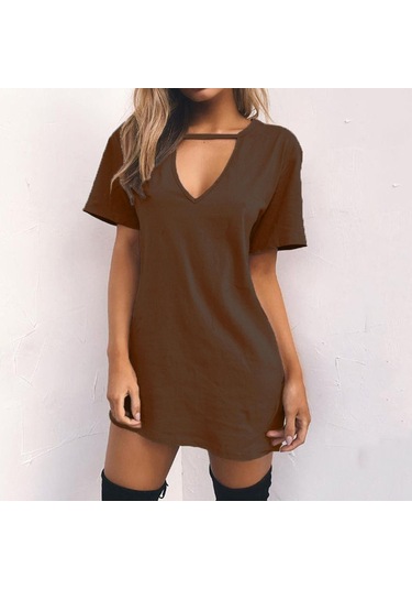 Kahve Moda Kadın Rahat Kısa Kollu V Yaka Katı Bayanlar Mini Elbise Oymak Kahve