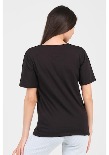 As Collection Siyah V Yaka Kısa Kol Örme Kadın T-shirt Siyah