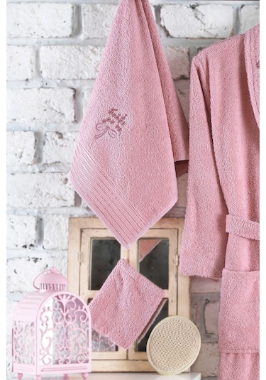 Güvenal Rüya 2 Parça Nakışlı Bornoz Bornoz Takımı Çeyiz Seti 3 Pembe