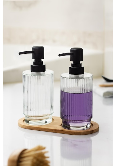 2 Li Bambu Altlıklı Sıvı Sabunluk Seti