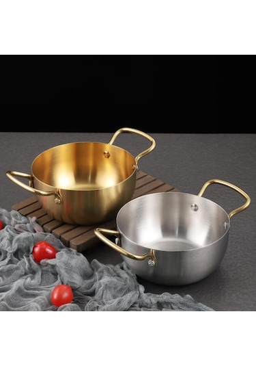 Altın Ramen Erişte Pot Hızlı Isıtma İki Kolları Gıda Sınıfı Paslanmaz Çelik Kore Ramen Erişte 18cm