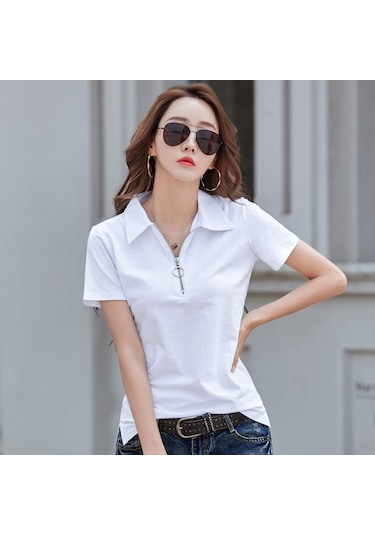 Beyaz Fermuar Turn-down Yaka T Gömlek Kadın Kısa Kollu Yaz Üstleri Pamuk Tshirt Kadın Kore Giysileri Tee Gömlek Femme Beyaz