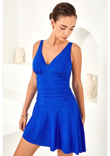 Uv Korumalı V Yaka Elbise Mayo Etekli Mayo Yüzücü Mayo 4153 Saks Saks Mavi