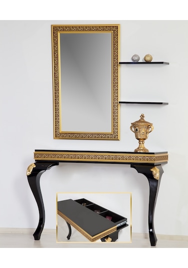 Altın Varak Dresuar Ayna ,Ferro Gizli Bölmeli Dresuar set - Ferro Siyah