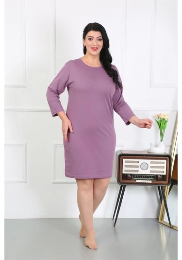 Giyim Kadın Büyük Beden Penye Gecelik Ev Elbisesi Mürdüm Mürdüm