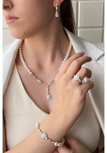 Baget Taşlı Doğal İnci Küpe Kolye Bilekilk Yüzük Dörtlü Set - 17 / Rose Gümüş