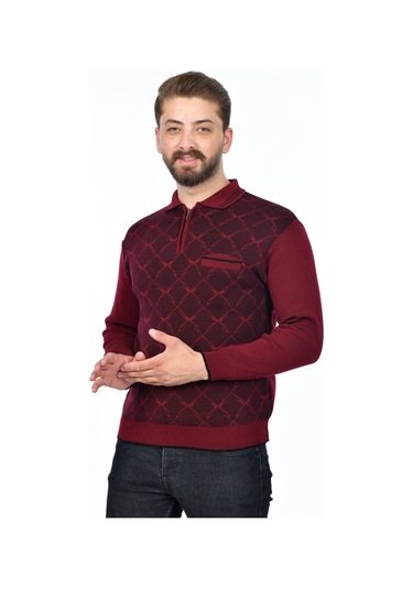 Kamalı Erkek Çelik Örgü Gömlek Yaka Cepli Fermuarlı Polo Yakalı Tüylenmeyen Triko Kışlık Baba Kazak Bordo
