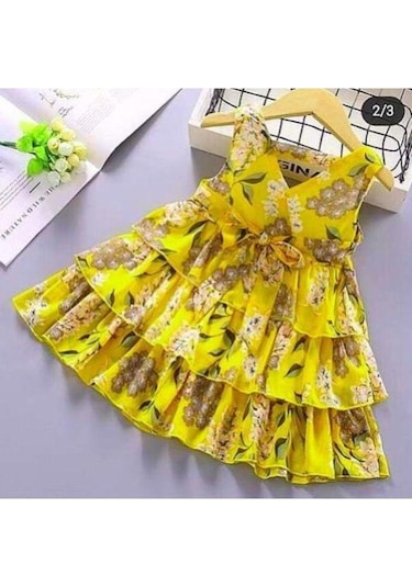 MODAVALS LİMON SARI KARDEŞ KOMBİN ÇİÇEKLİ KIZ ÇOCUK ELBİSE & BANDANA KOMBİN Sarı