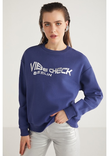 Ethıquet Clover Kadın Bisiklet Yaka Varak Baskı Detaylı Lacivert Sweatshirt