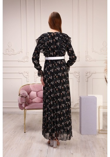 Aymeravm - Omuzu Fırfırlı Desenli Kadın Elbise - She2301Ga