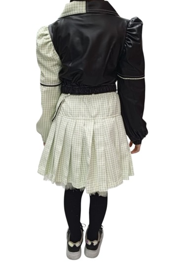 Kız Çocuk Deri Detaylı Yeşil Renk Üçlü Etekli Takım Yeşil