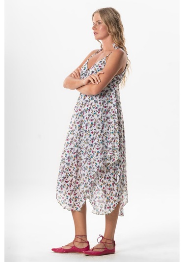 Askılı Vual Afrodit Midi Boy Yazlık Elbise Menekşe Beyaz 6242 Menekşe Beyaz