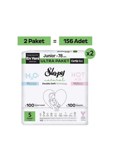 Sleepy Natural Double Soft Ultra Fırsat Paketi Bebek Bezi 5 Numara Junior 156 Adet