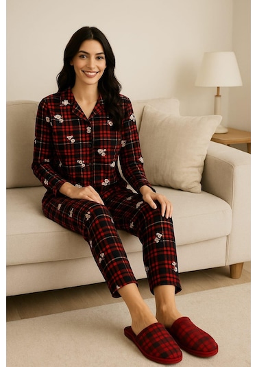 Kadın 6450 Önden Düğemli Süet Uzun Kol Pijama Takımı Lacivert-kırmızı Lacivert-kırmızı
