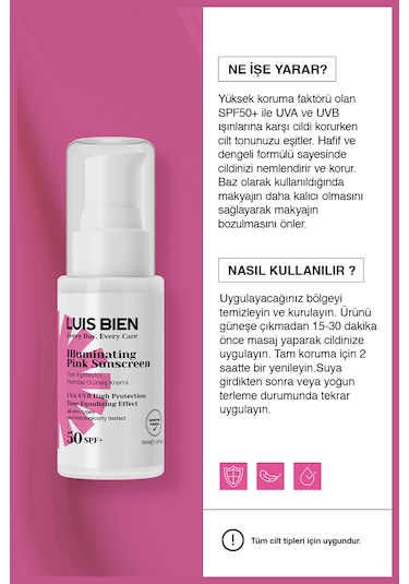 Luis Bien SPF 50+ Ton Eşitleyici Pembe Güneş Kremi 50 ML
