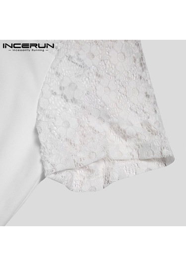 Incerun Erkek Dantel Patchwork T-shirt Yaz Kısa Kollu Düğmeler Aşağı Transparan Üstler Örgü Gömlek Erkek Giyim Beyaz