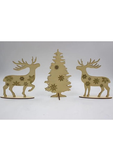 Ahşap Noel Yılbaşı Masaüstü 3 Lü Ağaç Geyik Dekor Yılbaşı Hediyelik
