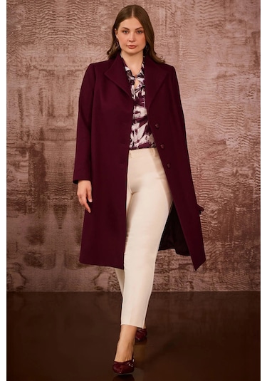 Galaxi Kadın Büyük Beden Düğmeli Kaşe Kaban 4001 Bordo Bordo