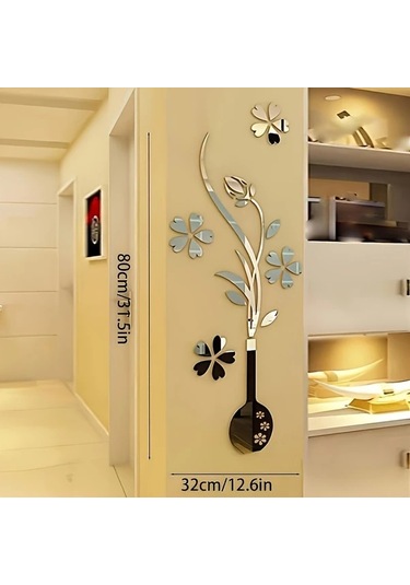 Fochsia Parlak 3d Akrilik Çiçek Vazosu Duvar Dekoru - Kendinden Yapışkanlı, Gümüş Desen, Oturma Odası Ve Tv Dekoru Gümüşi