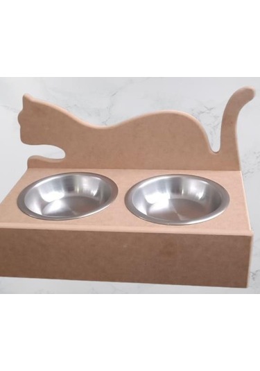 Hobi Adn 90368 Model Kedi Mama Su Kabı Ahşap Paslanmaz Tabak El Yapım