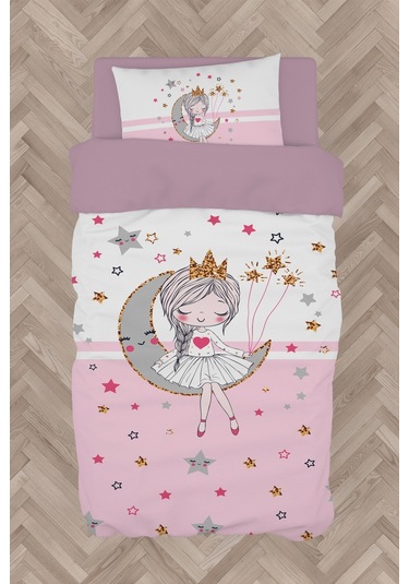 Mekta Home Bebek Ve Çocuk Odası Ayda Oturan Prenses Kız Desenli Pembe Nevresim Takımı