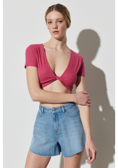 Regular Fit Normal Kesim V Yaka Pembe Crop Bluz Pembe