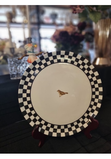 Damalı Kuşlu Sunum Tabağı 30cm Beyaz - Siyah