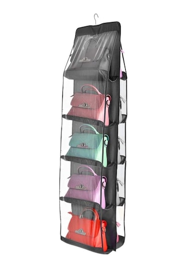 Çanta Saklama Düzenleyici Dolap İçi Çanta Askısı 10 Gözlü Şeffaf Pembe