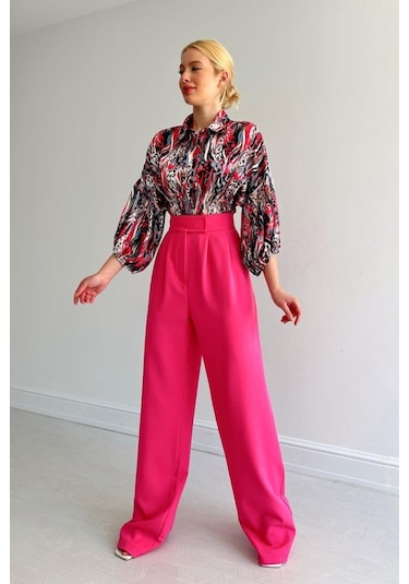 Beli Lastikli Saten Gömlek - Fuşya Karışık Çok Renkli