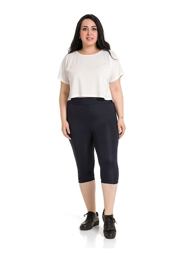 Büyük Beden Karyoka Dikişli Diz Altı Lacivert Bayan Tayt