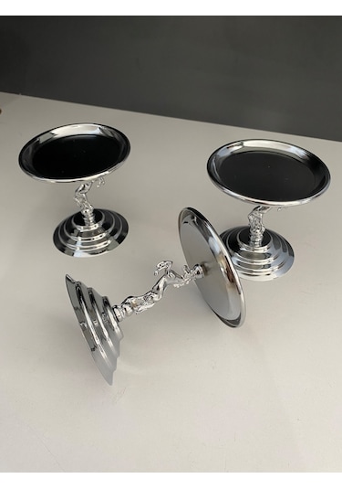 3'lü Atlı Gümüş Lokumluk, Çay Ve Kahve Yanı Sunumluk, Metal Şekerlik, Makaronluk Gümüş