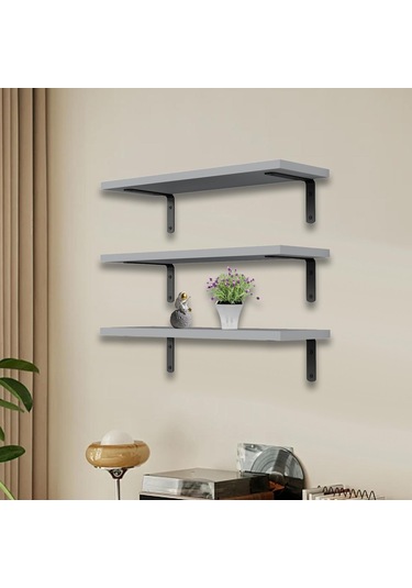 Suntek 3 Adet Duvara Monte Ahşap Yüzer Raflar Banyo Için Gri