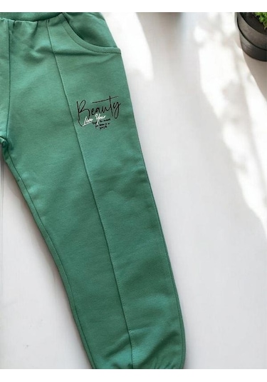 Kız Çocuk Pamuklu Beli Paçası Lastikli Eşofman Alt-15145 Yeşil