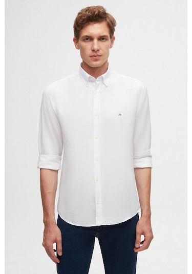 Ds Damat Slim Fit Beyaz Oxford Düğmeli Yaka Kolay Ütülenebilir Nakış Detaylı Pamuklu Gömlek 4HC02ORT03265 Beyaz