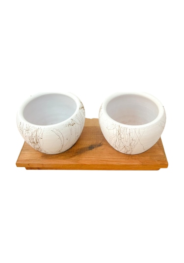 Bitki Tasarımı Ev Dekorasyon Aksesuar Beyaz Gold Saksı İkili Ahşap Tabanlı Çiçeklik Saksı Saksılık 0,7 L