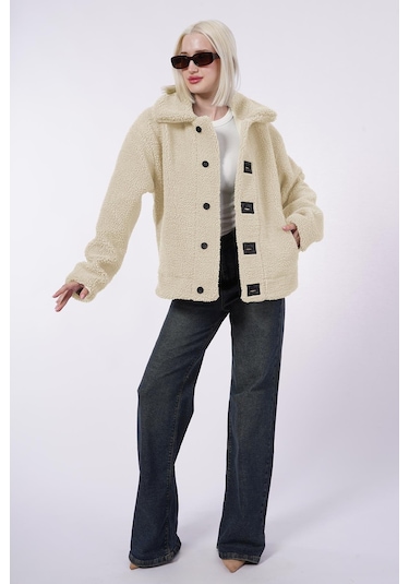 Madmext Bej Deri Detaylı Kadın Peluş Mont Mg2485 Bej