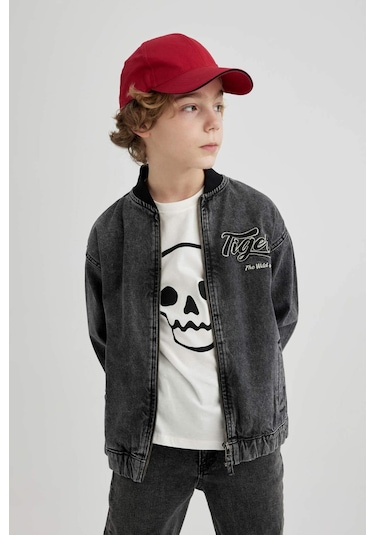 DeFacto Erkek Çocuk Kolej Yaka Fermuarlı Çift Cepli Mevsimlik Hafif Jean Bomber Ceket B5500A824SPNM36