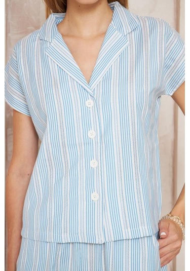 Kadın Özel Kumaş Ceket Yaka Beli Lastikli Kısa Kol Gömlek Cepli Şort Takım 3625290 Mavi-Beyaz