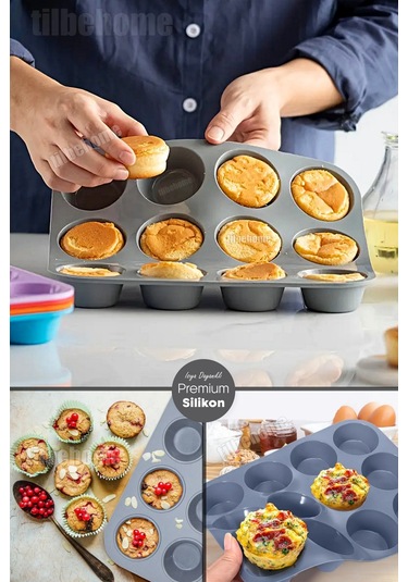 Tilbe Home 12'li Silikon Muffin Kalıbı Kurabiye Tatlı Cupcake Kek Kalıbı Yapışmaz Gıdaya Uygun Pişir Gri