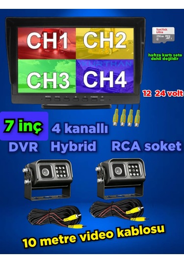 2 Adet Metal Kasa Ledli Kamera Ve 7 İnç Dvr Monitör Seti 12 - 24 V 256 Gb