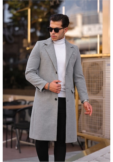 Erkek Açık Gri Dar Kesim Uzun Yün Karışımlı Kaşe Kaban Açık Gri