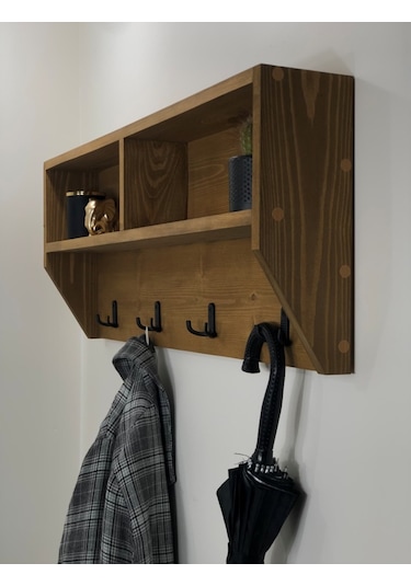 O&Awood Doğal Ahşap Vestiyer, Dekoratif 4 Askılı Portmanto, Raflı 2 Bölme (531870608)