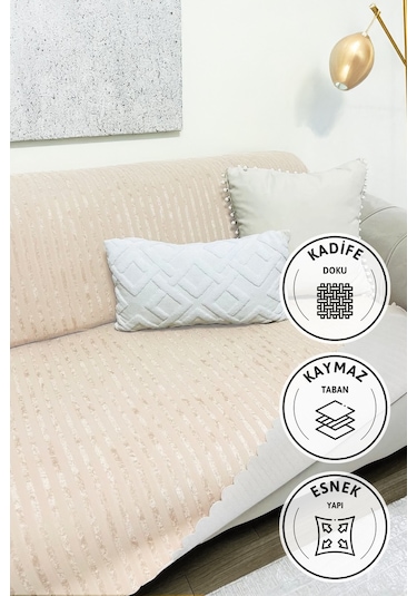 Kaymaz Taban Süngerli Kadife Koltuk - Çekyat Örtüsü 170x210 - Bej Bej