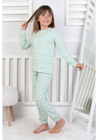 Minik Uyku Avcısı - Vahşi Rahatlık Serisi Leopar Desenli Kız Çocuk Pijama Takımı Mint