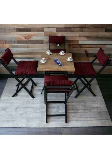 Modern Style Home Minderli Balkon Bahçe Mutfak Bistro Set Katlanır 4+1 Masa-sandalye Bordo