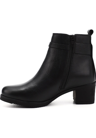 Gönderi R Siyah Floter Fermuarlı Kalın Topuklu Hakiki Deri Bot Siyah Floter