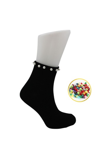 Kadın Çok Renkli Yarım Konç Pamuklu Çorap Boncuk Detaylı 4'lü Paket Çok Renkli