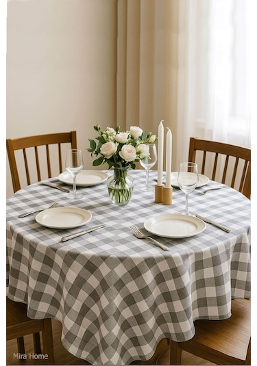Mira Home Kareli Masa Örtüsü Sofra Bezi 160x160 Cm Happytime Gri
