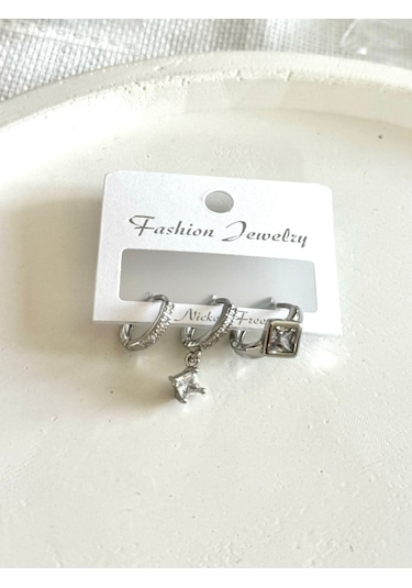 Kadın Küpe Özel Tasarım 3'lü Baget Taş Model Kararmaz Küpe 001